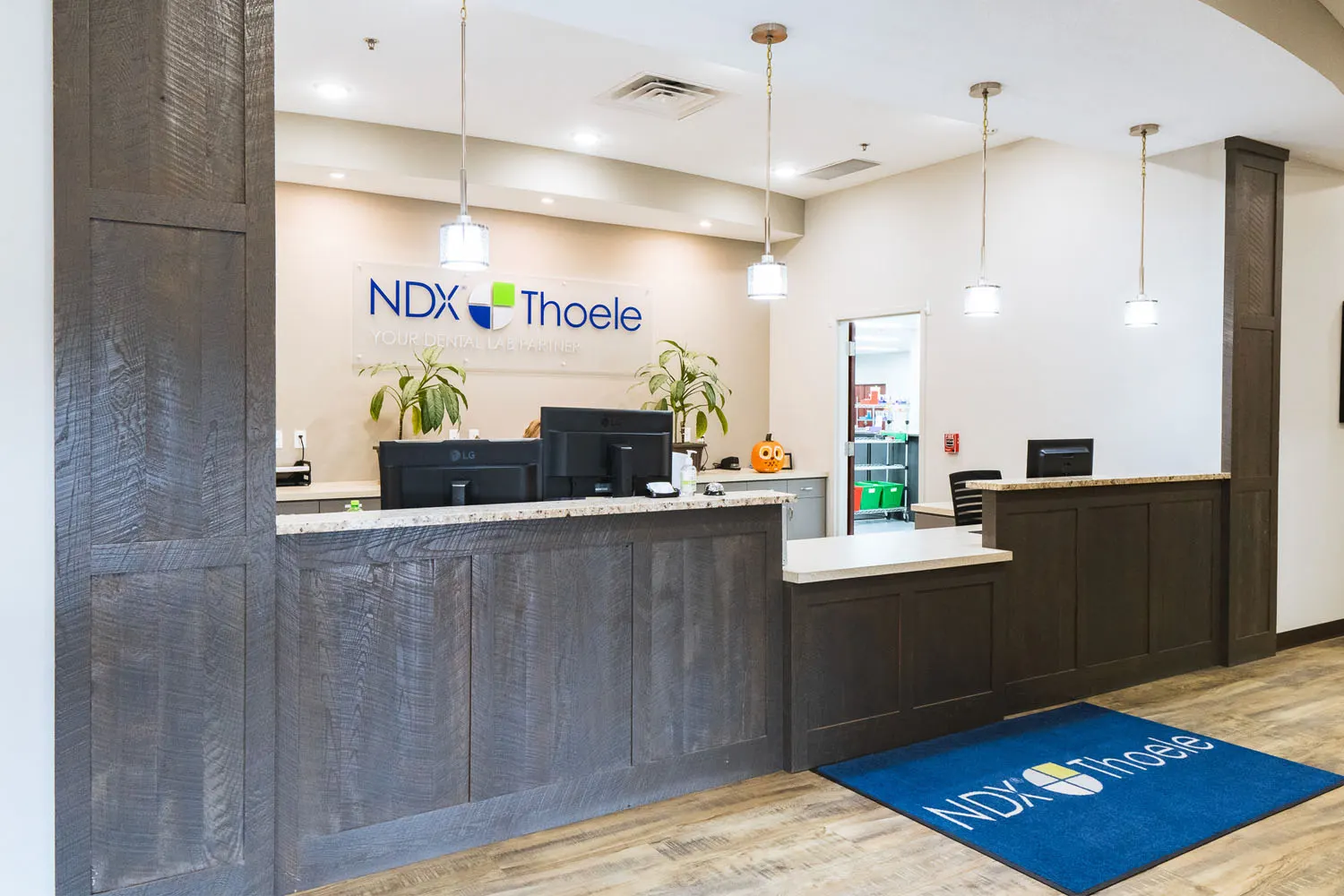 Finished reception area at the NDX Thoele dental laboratory in St. Cloud