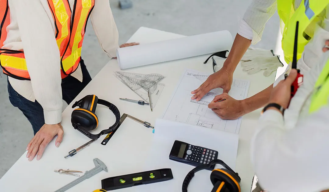 Commercial construction contractors reviewing blueprints and project plans for occupied business renovation