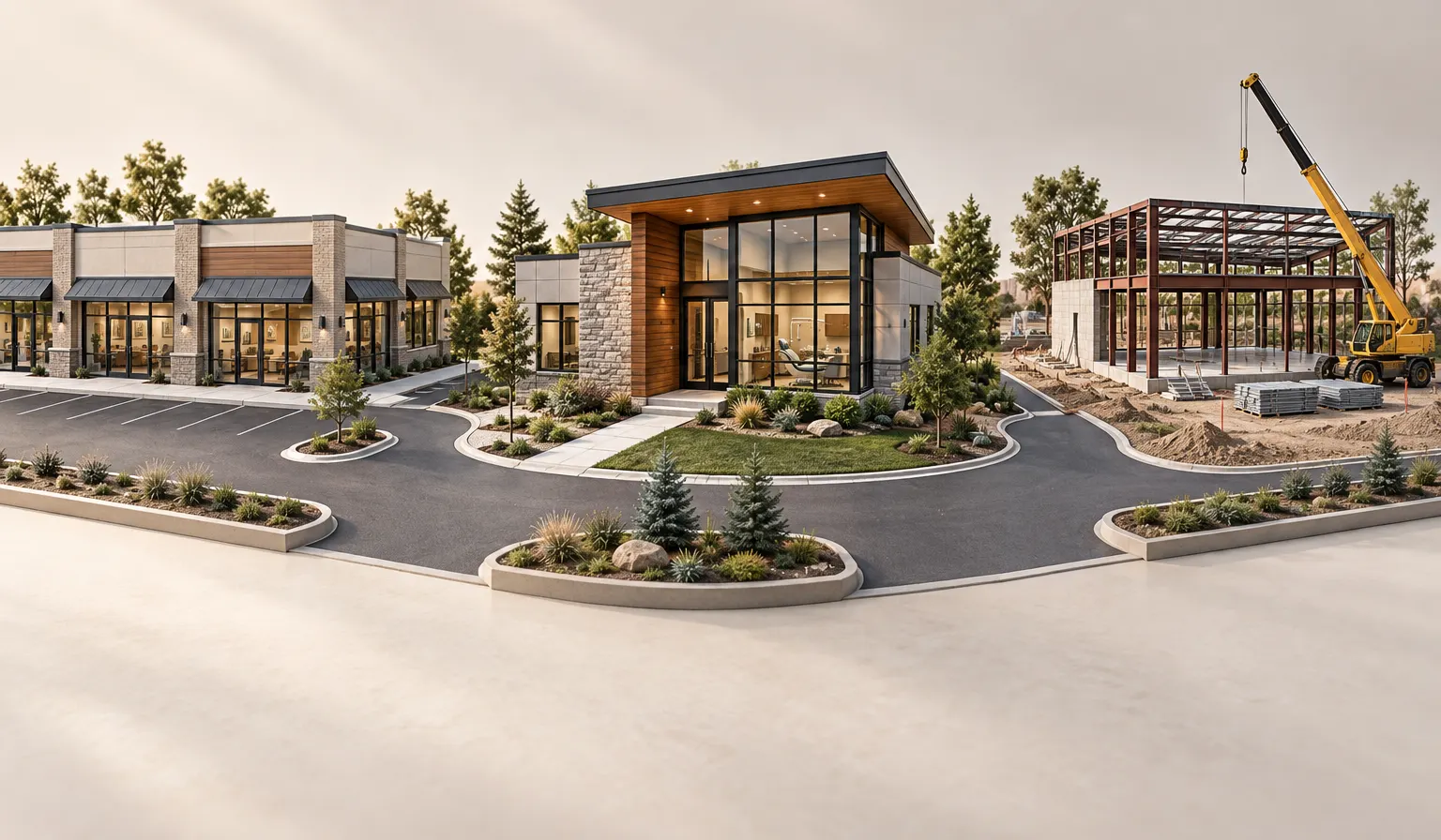 Illustration comparing a leased dental suite, a completed clinic, and a new building under construction