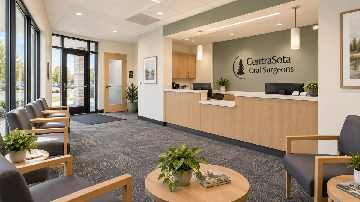 Rendering of the reception and waiting area at Centrasota Oral Surgeons in Willmar