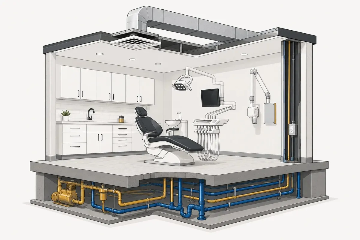 Cutaway of a dental operatory showing the vacuum, air, water, and drain lines under the floor, dedicated electrical in the wall, and HVAC above the ceiling