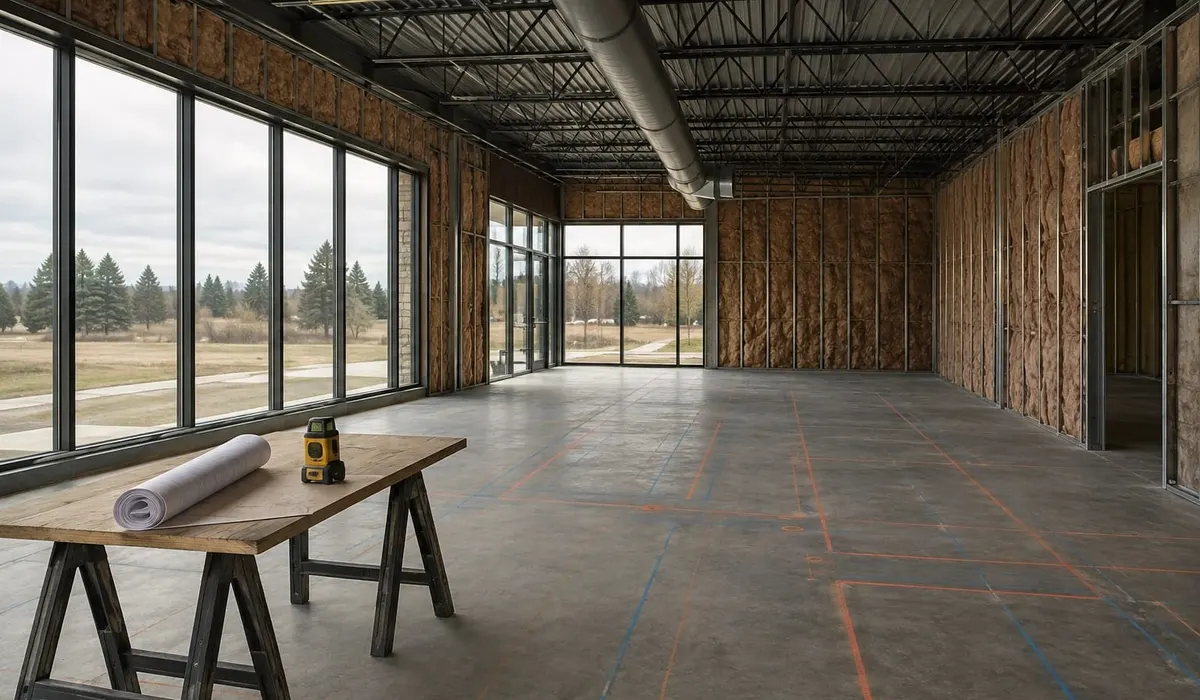 Empty first-generation commercial shell with chalked layout lines on the slab, the starting point of a dental tenant fit-up