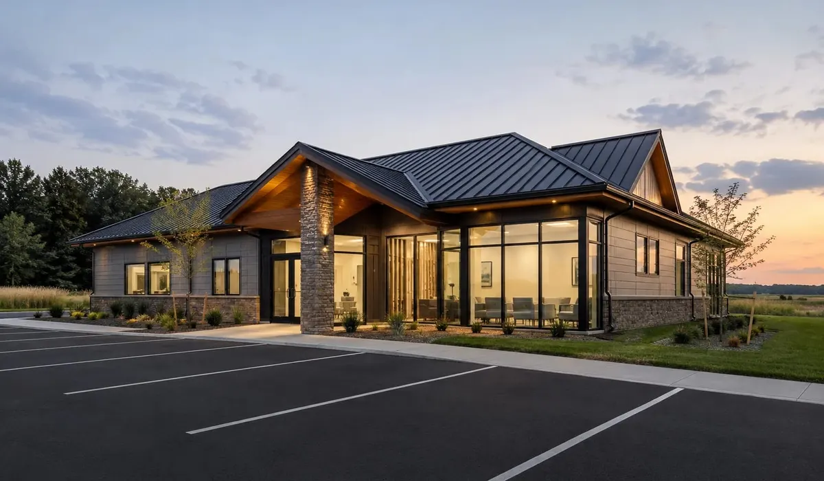 Illustration of a single-story ground-up dental clinic on its own lot at dusk, with a covered entry, stone column, and new parking