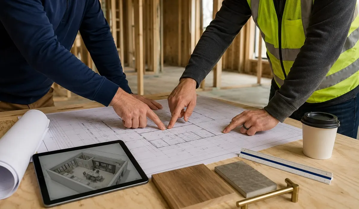 Design-build team reviewing a floor plan and material samples on a plywood table inside a building under construction