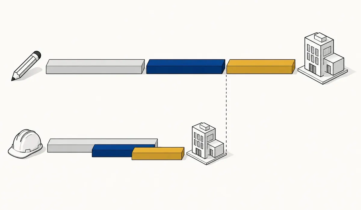 Diagram comparing a sequential design-bid-build timeline with an overlapped design-build timeline that finishes months earlier