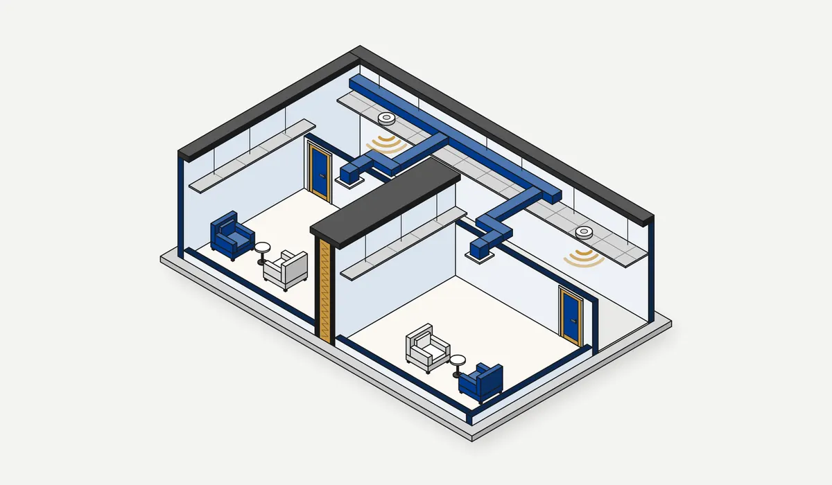 Cutaway illustration of two therapy rooms showing a wall built to the deck, sealed doors, offset ducts, and corridor sound masking