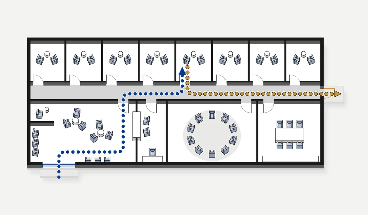Plan illustration of an outpatient clinic with a waiting area, a clinician corridor of therapy rooms, a group room, and a separate exit