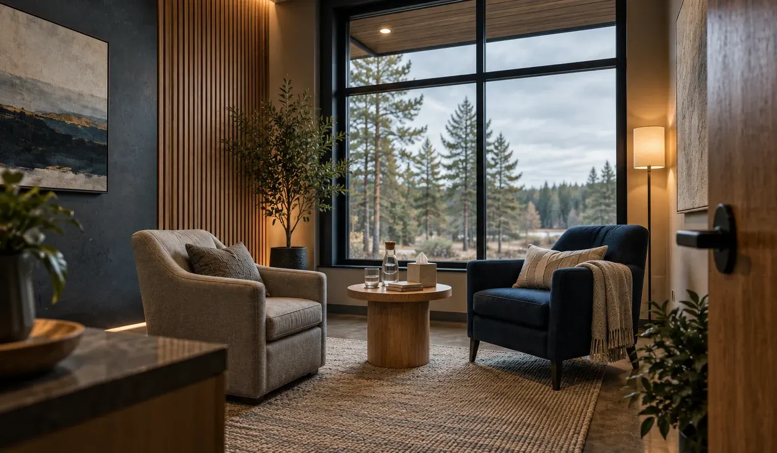 A quiet therapy room with two armchairs angled around a small round table, a slatted wood wall, and a large window looking out on pine trees